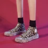 Newest Fashon Lace-up Printed Flat Casual Rivet Leopard High Top Canvas Shoes for Women and Ladies
