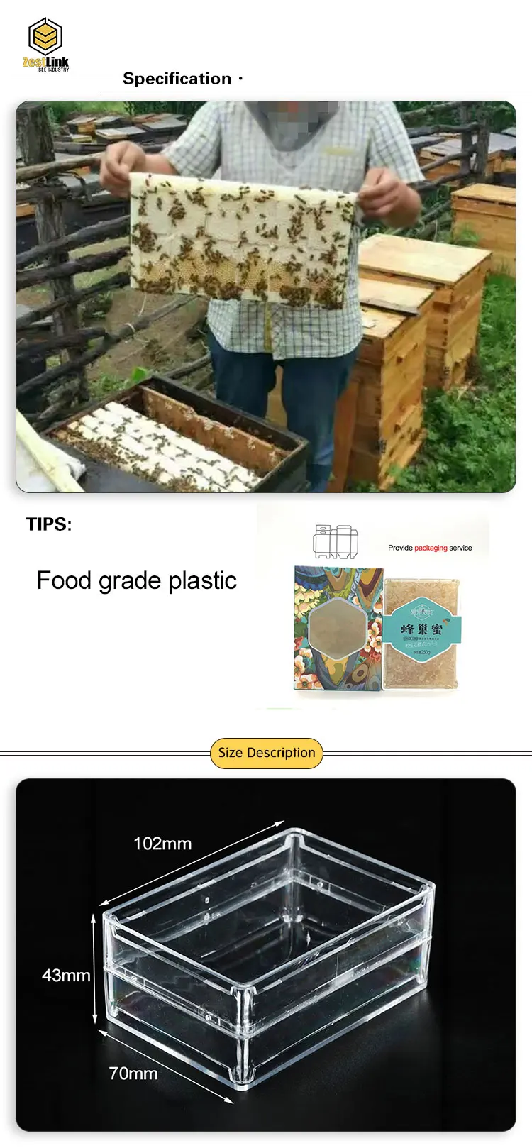 Square Shaped 250g Plastic Comb Honey Cassette/honey Comb Container/bee