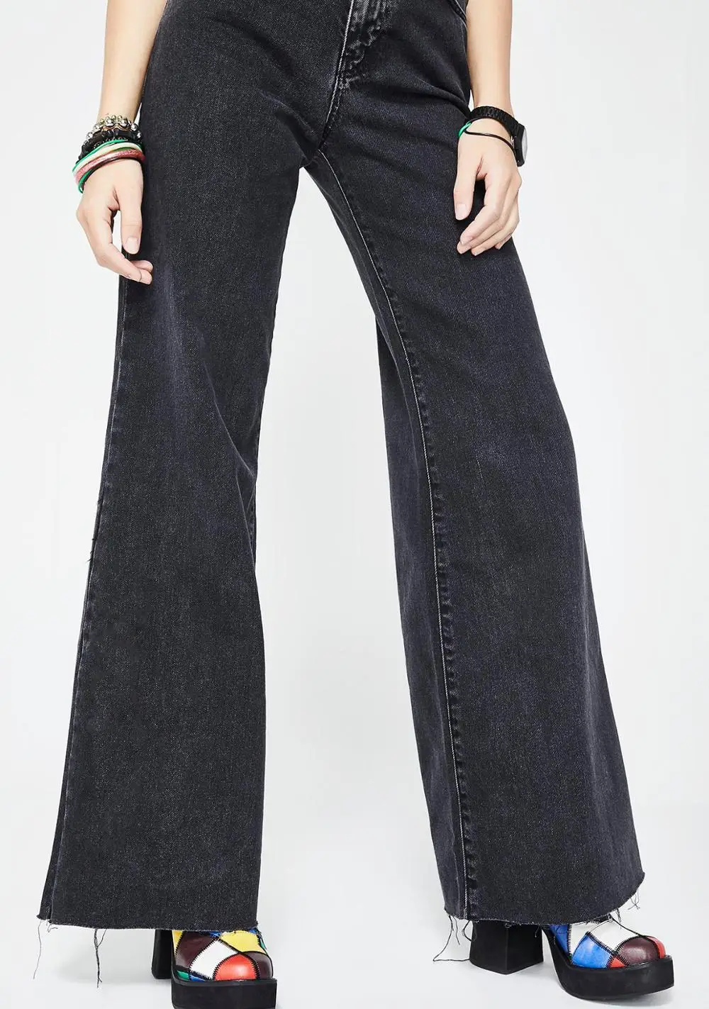 100% algodón desigual flared pantalones vaqueros de las 100% algodón desigual flared pantalones vaqueros de las