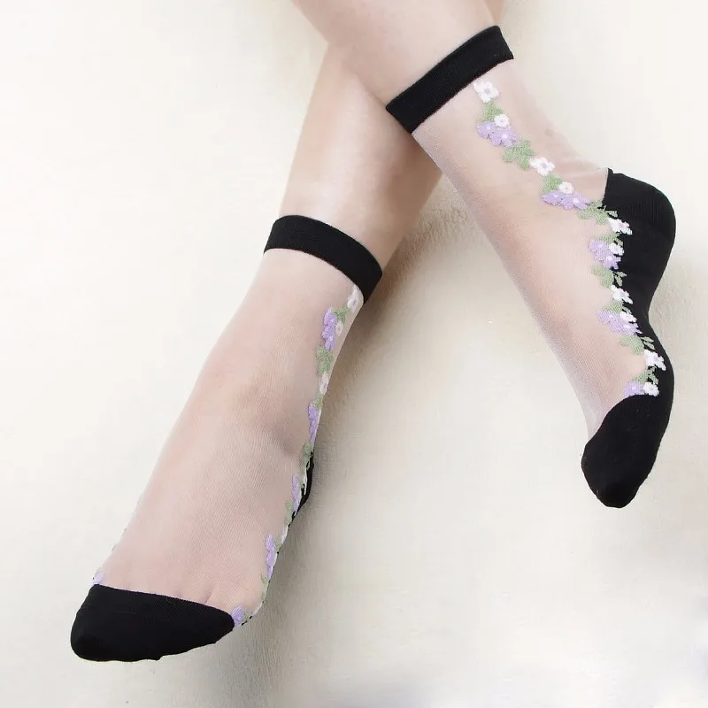 Women's Transparent Thin Flower Lace Socks Crystal Silk Short Ankle Socks  New