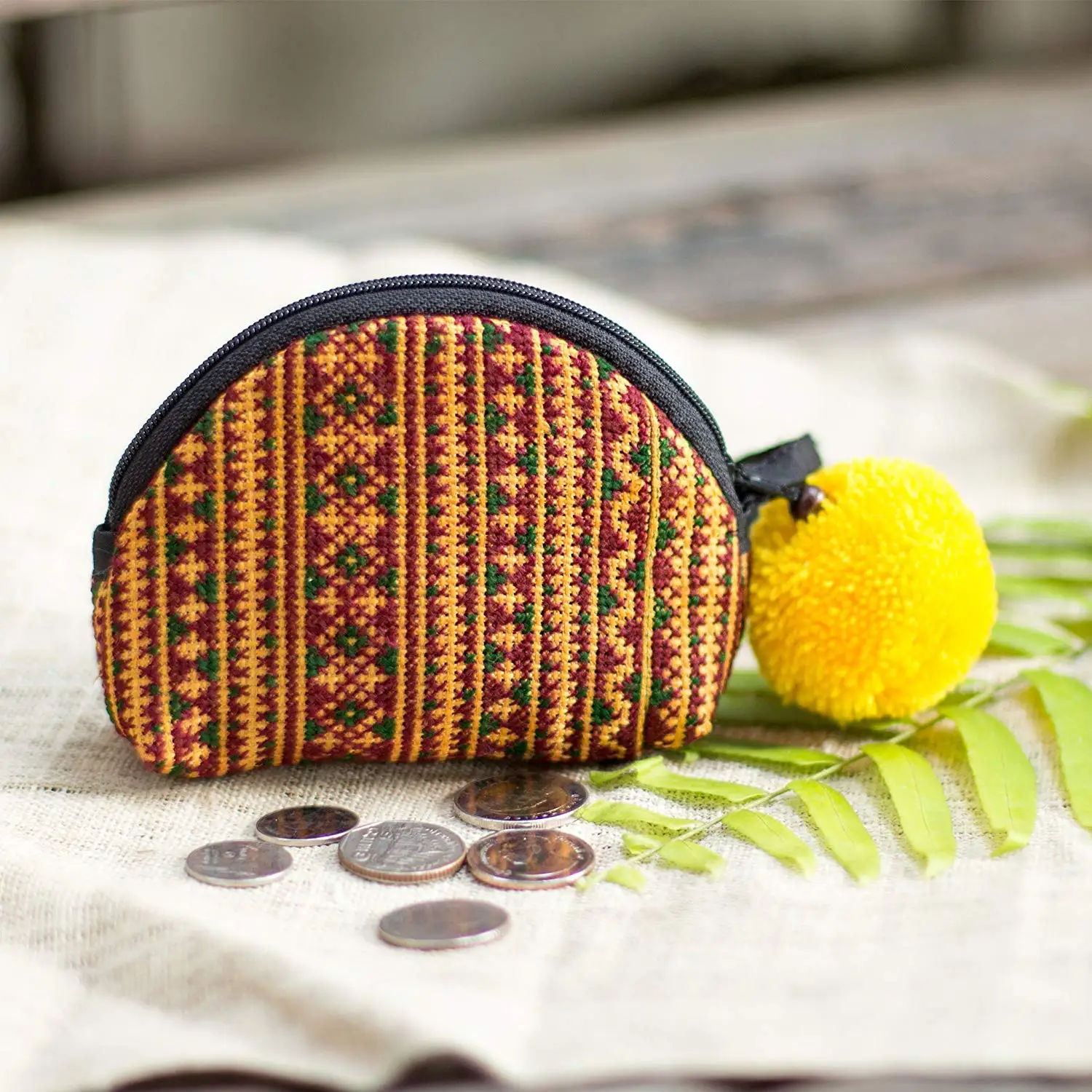 Changnoi One of a Kind Hill Tribe Hmong Embroidered Coin Purse, Mini Pouch for Women, Pom Pom Hippie Purse for Women in Brown