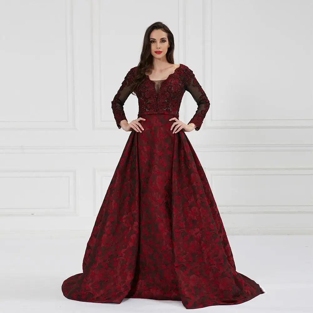 Crimson Long Sleeve Queen Lace Embroidered Ball Gown Long Evening