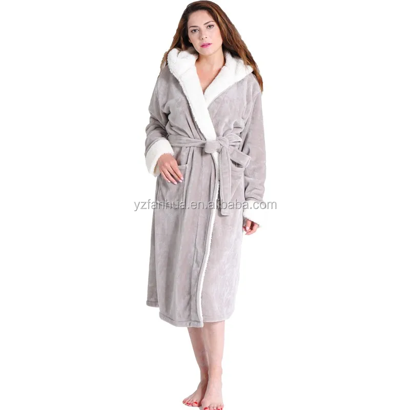 Oekotex 100 Women Heated Solid Color Flannel Fleece Women Bathrobe