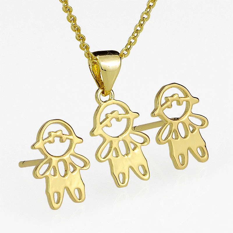 Children's Little Boy Glossy Pendant Necklace Stud Earrings Jewelry Set