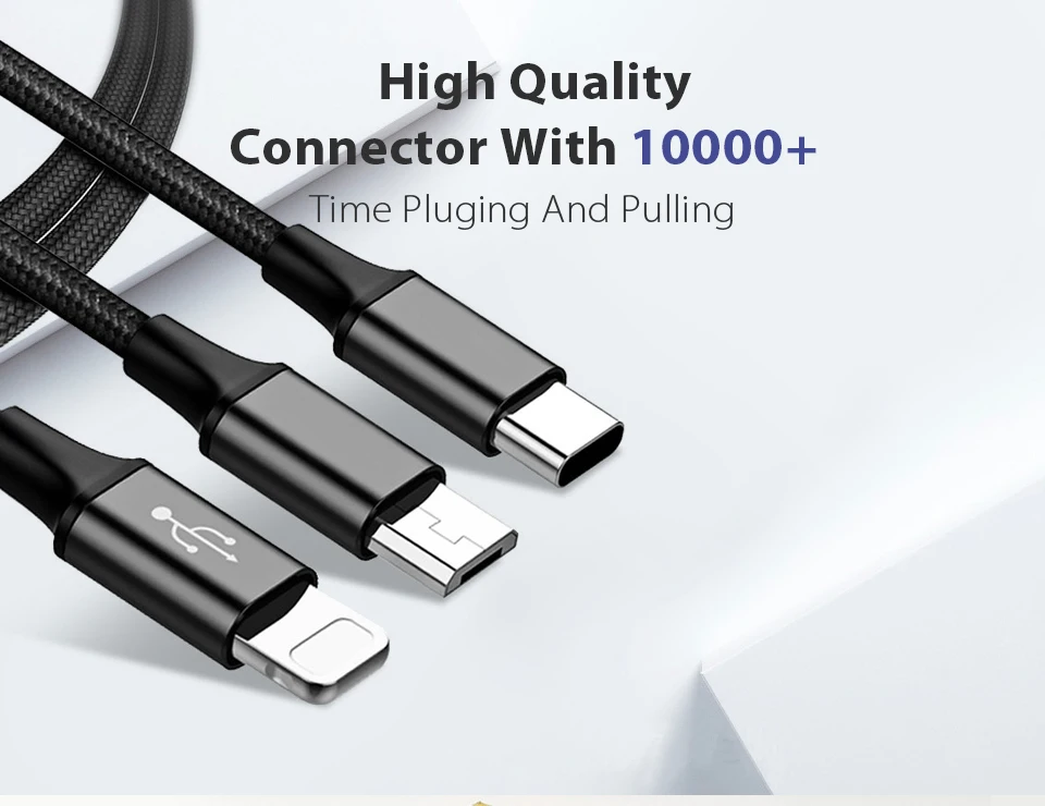 manufacturer multi ports 3ft length 3 in 1 USB cable with 8pin, micro and type C connector