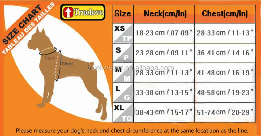 Truelove Dog Harness Size Chart
