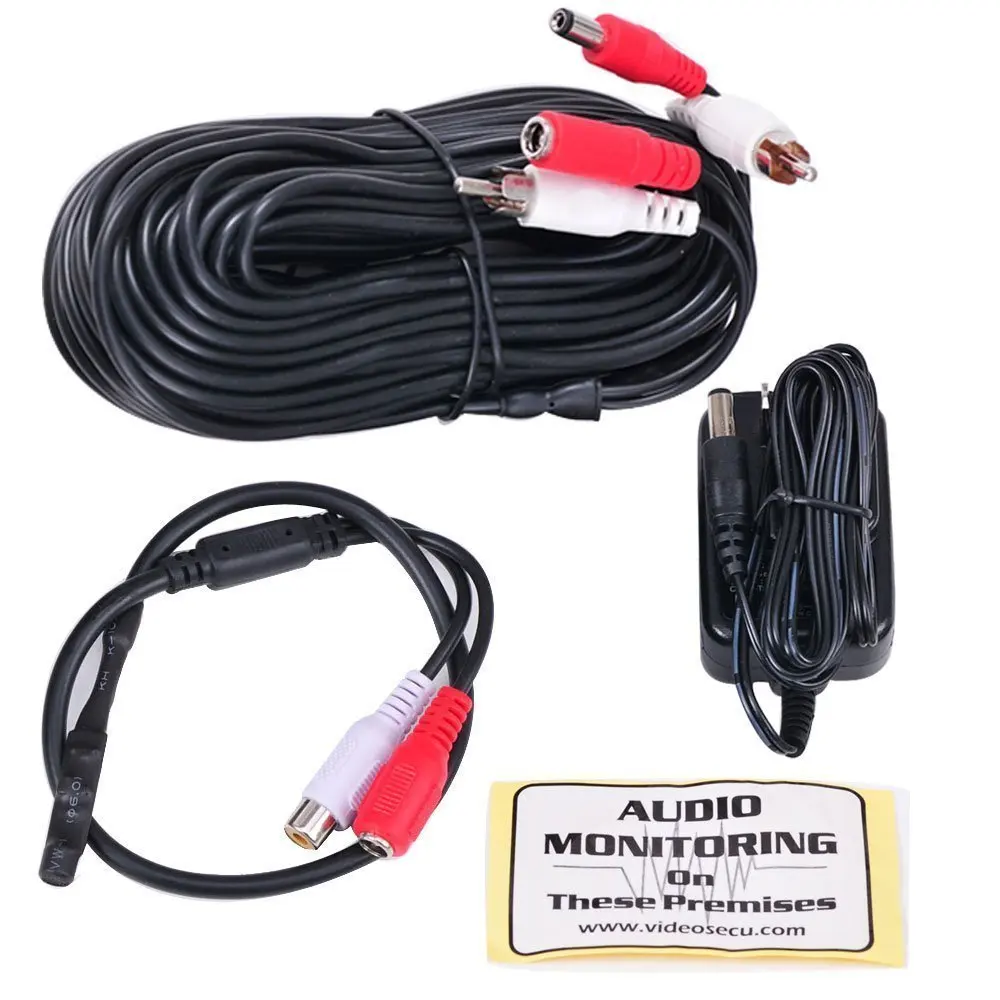 Extension Cable and Free Warning Decal W0F VideoSecu High Sensitive Pre-amp Audio Mini Microphone Sound Voice Pickup Kit with Power Supply