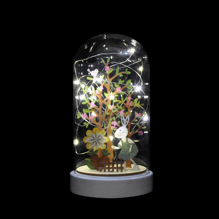 Wholesale Led light blown glass dome with wooden base bell jar for home decorate manufacture