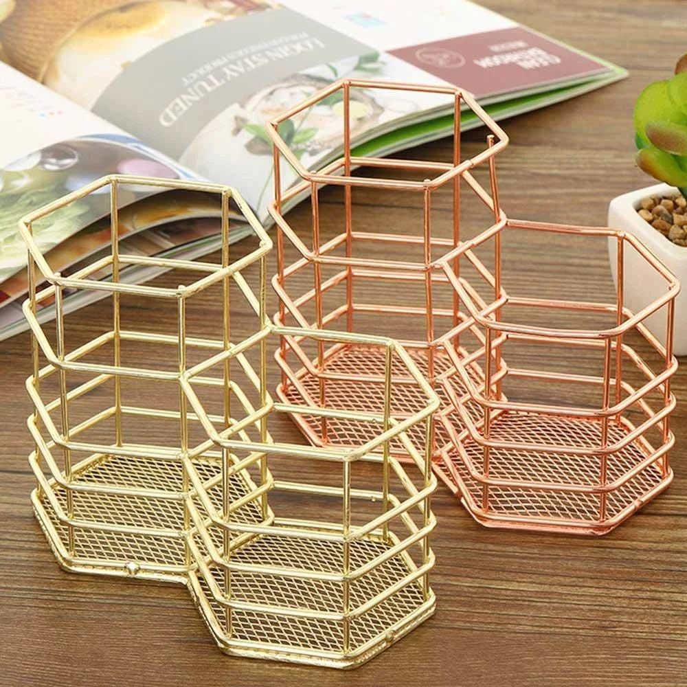 Multi-tujuan Hexagon Makeup Sikat Kawat Mesh Rose Emas Desktop