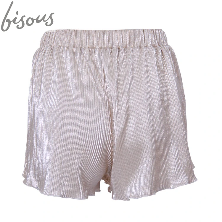 
Summer hot beach women short shiny metallic pleated drawstring Shorts 