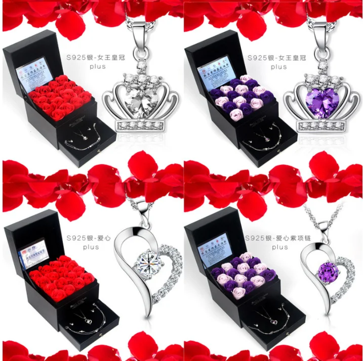 Purple Diamond Heart Shape Silver Necklace With Soap Rose Flower Gift Box Valentines Gift For Her Buy Purple Diamond Heart Shape Silver Necklace Soap Rose Flower Gift Box Rose Flower Valentines Gift For