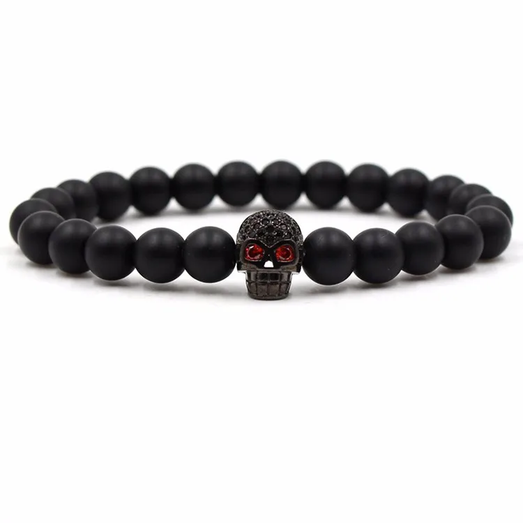 4 Pack Micro Pave Zircon Skull Charm Bracelets - Black Lava Stone Beads, Adjustable Elastic For Men & Women