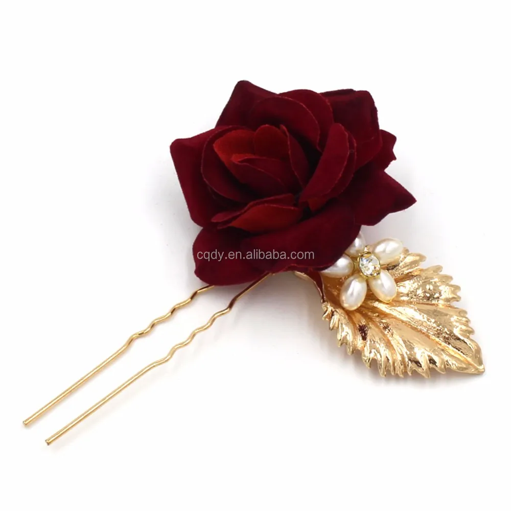 Homeofying Red Flower Faux Pearl Hair Pin Comb Clip Wedding Bridal Bridesmaid Headwear Red 