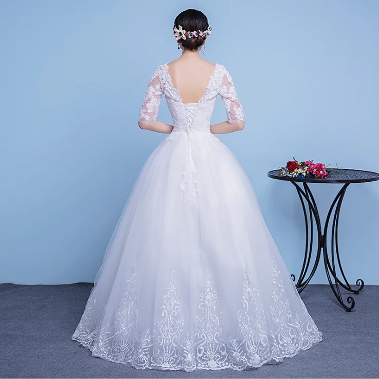 ZH2350G Charming Half Long Sleeves Lace Ball Gown Wedding Dresses Crew Neckline Bridal Gown