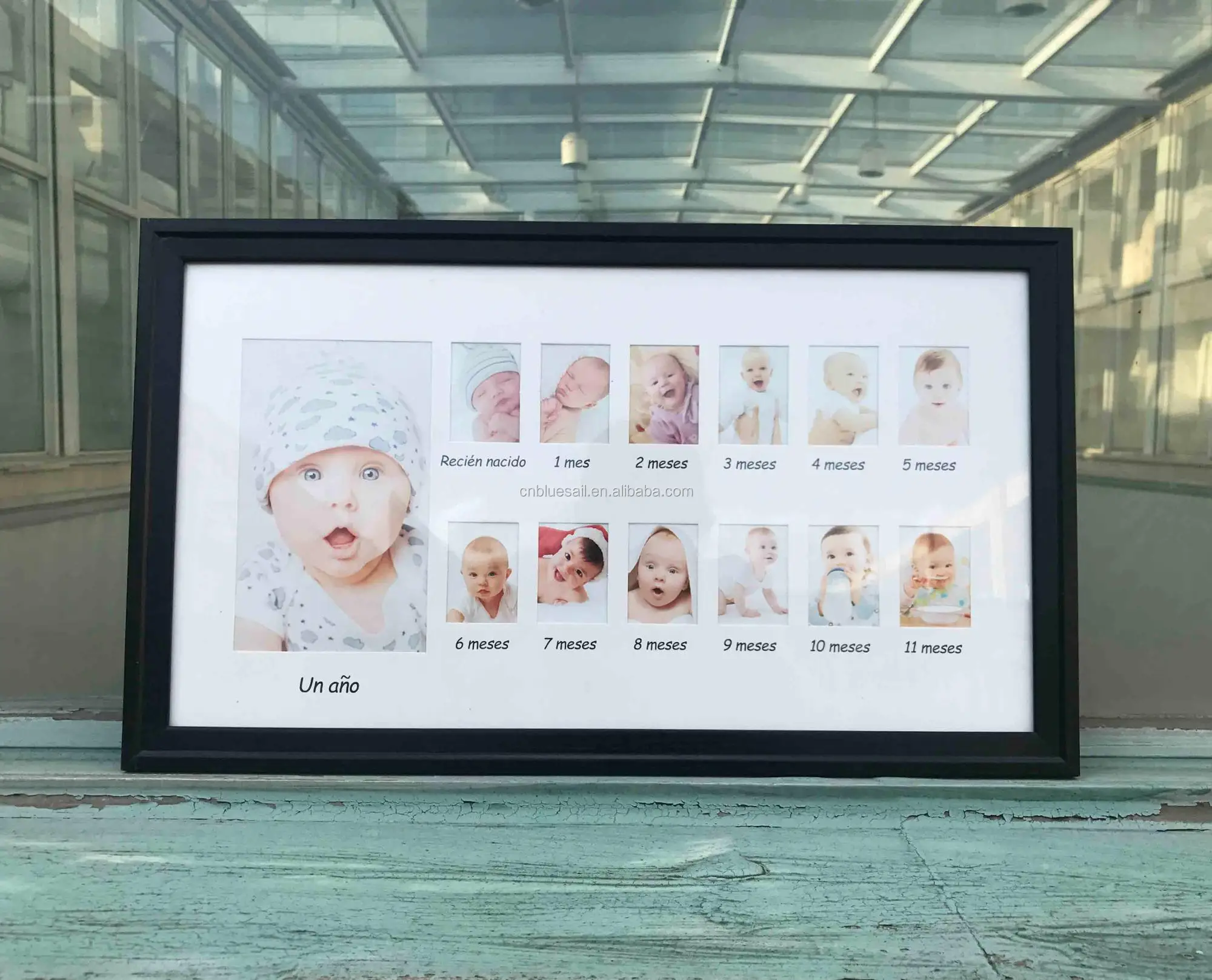 Baby 12 month photo frame, One year old baby record frame, 25x45cm mat