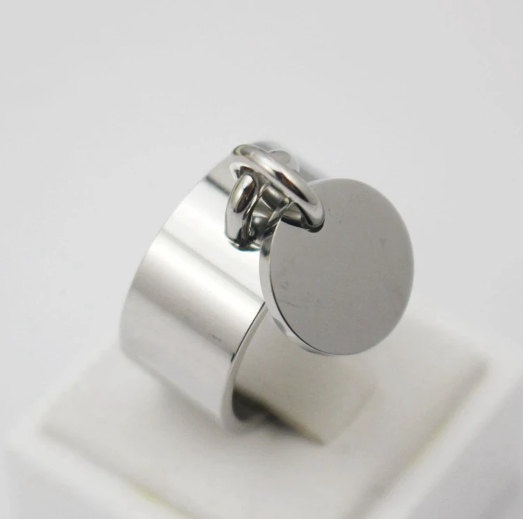 Stainless steel engravable jewelery wide knuckle ring with round blank charm custom name logo personalized engraved