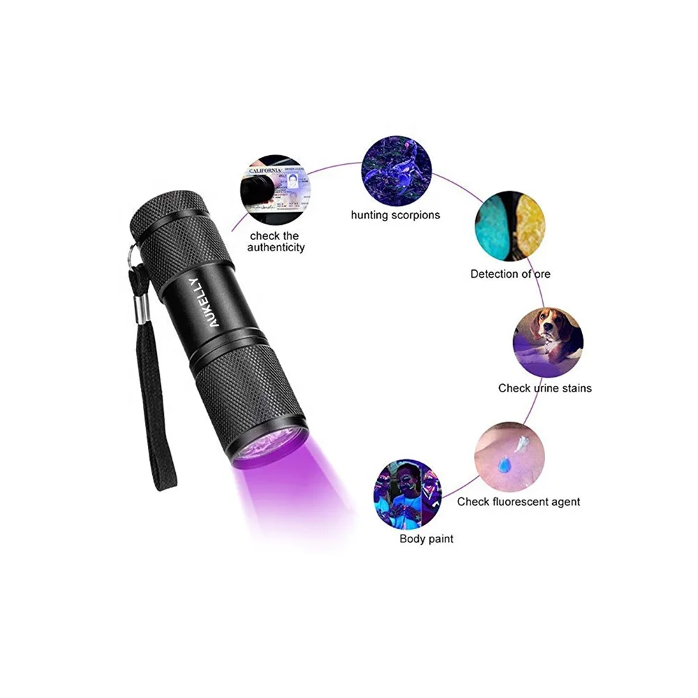 Aukelly Hunting scorpion 395nm UV Torhlight Ultra Violet LED Flashlight 9 Led UV Flashlight Dog Cat Pet Urine Detector uv torch