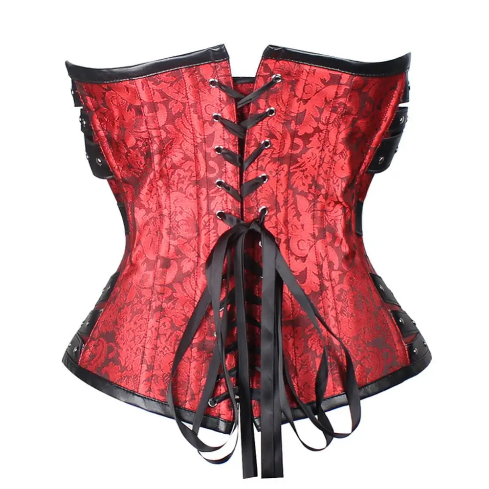 Feelingirl Red And Black Leather Underbust Corset Goth Buckle Highest Quality Flowers Pattern