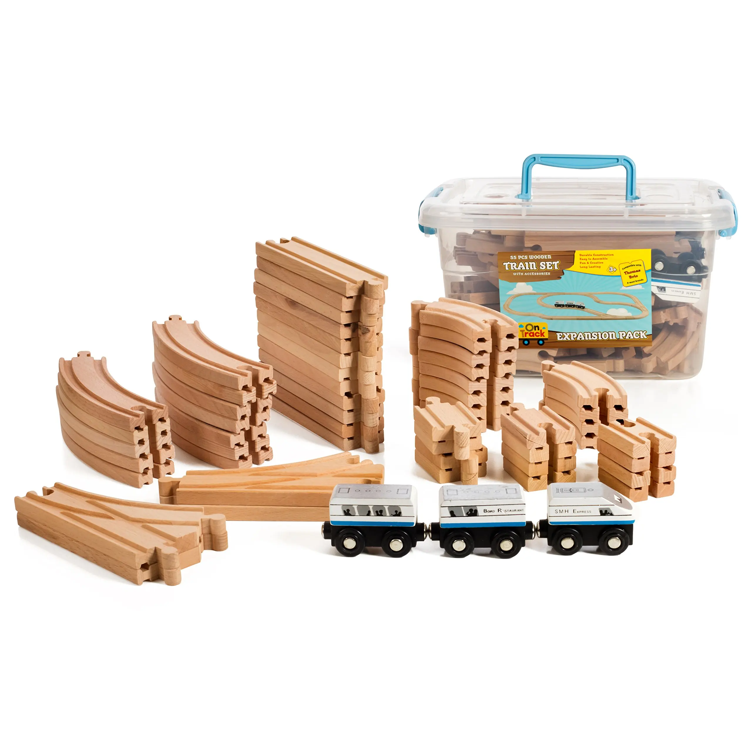 Cars Tracks Trains Trees Early Learning Toys for Kids 24-piece Small ActiviKid Wooden Train Set Signs Buildings Colorful City with Caboose Includes Storage Container Mi Toys Tracks