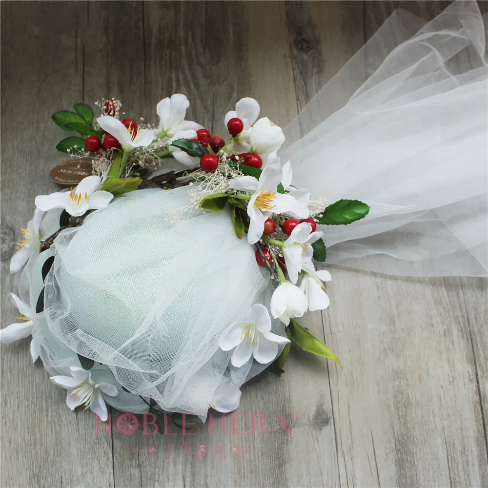 Handmade White Veil Flower Headpiece Bohemia Hair Wreath Veil Bridal