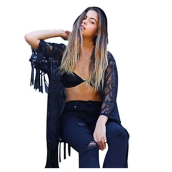 Lace Black Kimono Cardigan Fashion Fringe Beach Kimono Ladies Tassel Blusa Crochet Summer Style Women Blouses Femme