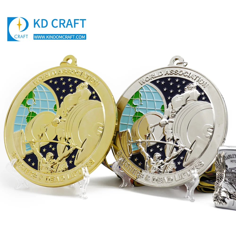Grosir Kustom Pribadi Logam Timbul 3D Logo Emas Perak Powerlifting Angkat Besi Medali untuk Pemenang