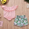 2019 hot sale Pink sleeve hairball flow climbing suit clothing green leaves flower pattern shorts romper set baby clothes