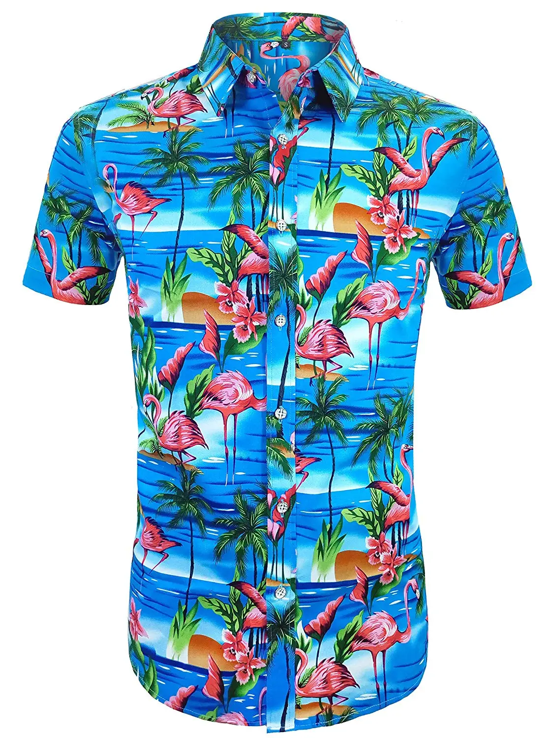 Mens Cotton Linen Long Sleeve Hawaiian Shirts Flamingos Print Tees Button Down Aloha Tropical Tops