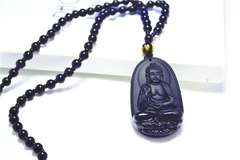 Charm Natural A Obsidian Carved Buddha Black Pendant Rope Gift For Men Lady TR 