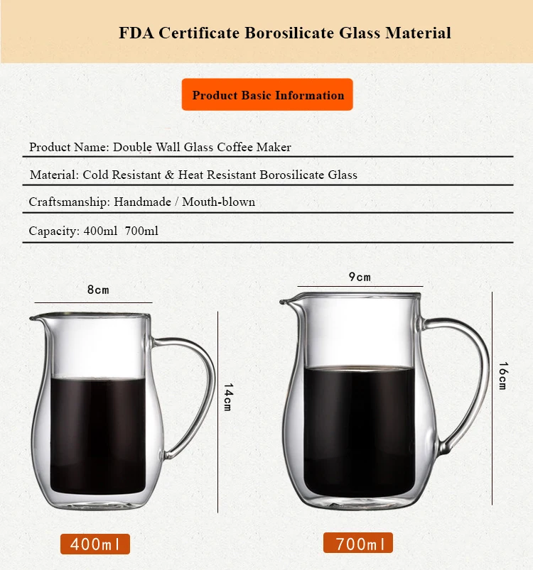 400ml 700ml  Heat Resistant Borosilicate Double Wall Pour Over Glass Coffee Pot Coffee Server
