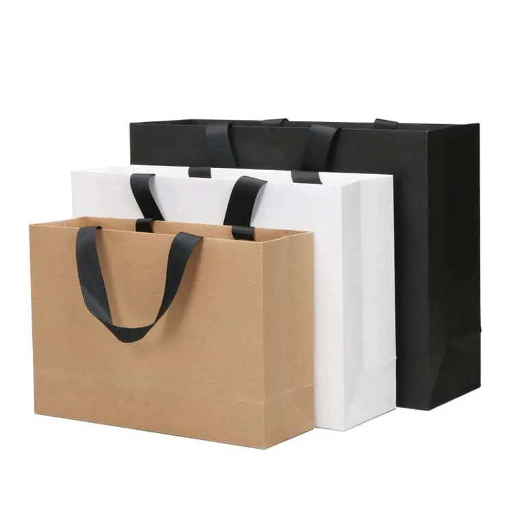Custom Logo Printed White Paper Gift Bags With Ribbon Handles Buy