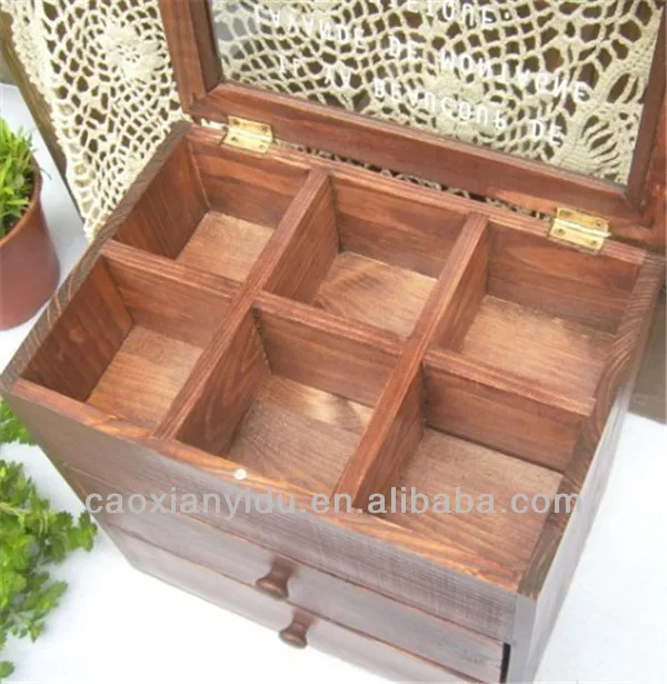 Vintage Small Wooden Cabinet Box With 6 Grids And 2 Drawer Glass