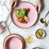 Gold rim decoration plate pink ceramic fruit plates dessert bowl dishes dinnerware