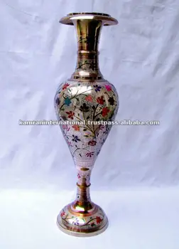 Brass Nickle Plated Meena Color Engraving Tall Flower Vase Antique