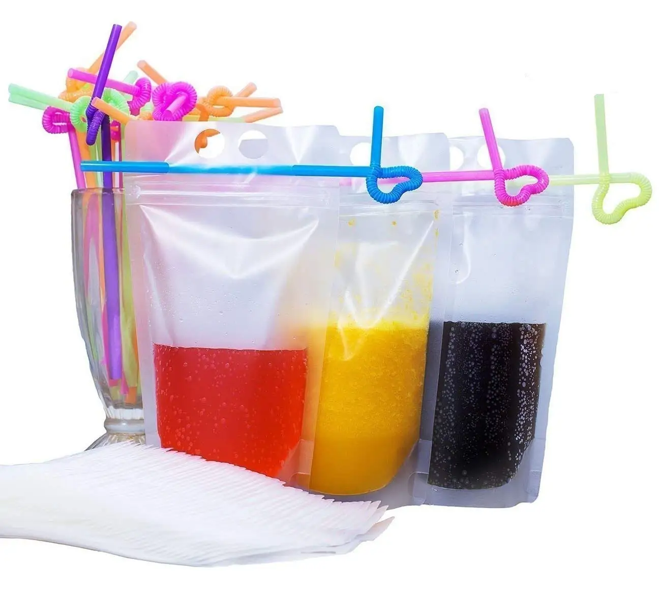 Zipper Clear Pouches Drink Bags with Straws Heavy Duty Hand-Held Translucent Heat-Proof Bag 30 PACK Stand-Up Plastic Drink Pouch Bags 