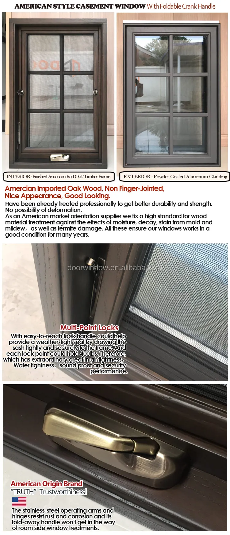 Wood grain finish thermal break crank window windows out push