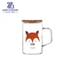270ml Decorative cat print transparent single wall borosilicate cup with scale mark wood lid