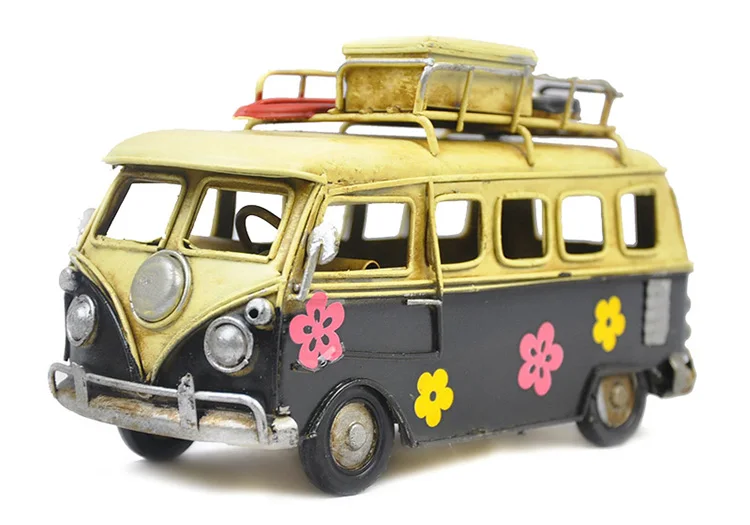 Vintage Colorful Flower Bus Metal Model Handmade Classic Camping Bus ...