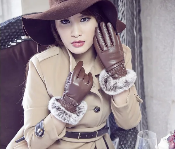 women fashion keep warm leather gloves with rex rabbit fur trim