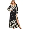 Natural V neck Belted Crane Print Split Wrap Belted Maxi Black Dress For Women