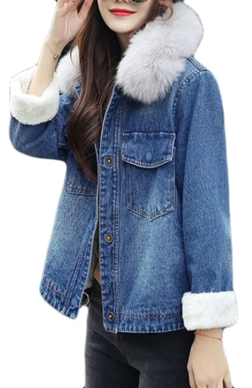 BLady Womens Blue Button Up Turndown Collar Lamb Fleece Lining Denim Jacket