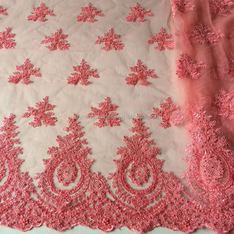 Fancy Grey Embroidery Cord Lace Fabric With Pearls Sequin Beaded Lace