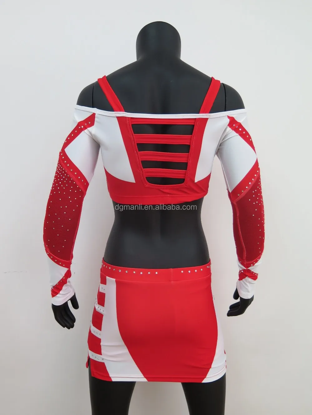Red Color Mesh Fabric Clear Crystal Strips Design Crop Top Cheerleading