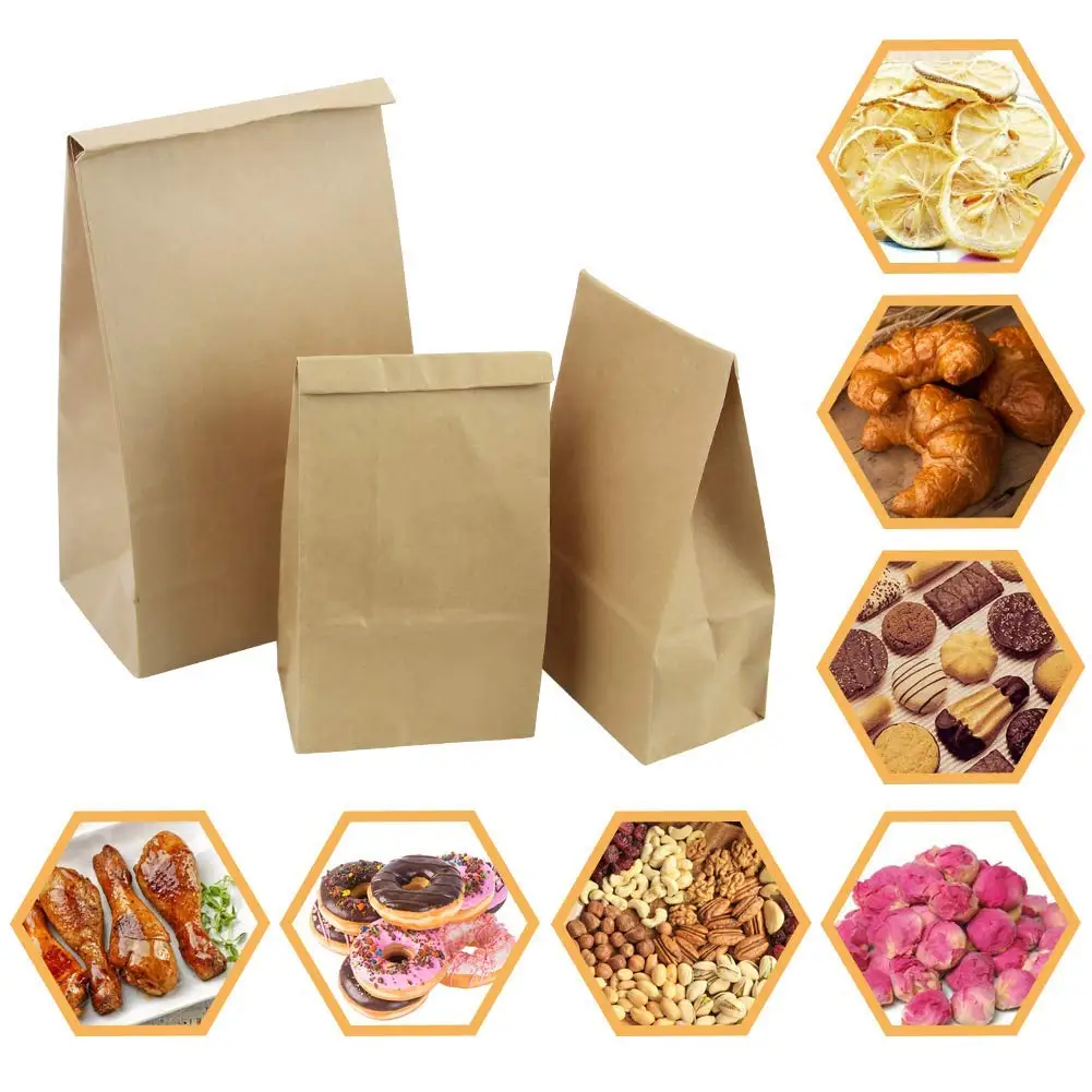 100 Compostable Recycled Durable Brown Kraft Paper Lunch Bags For