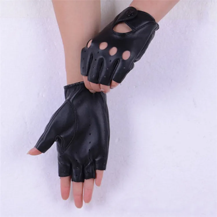 Breathable Half Finger Leather Driving Glove Hole Black Genuine Leather ...