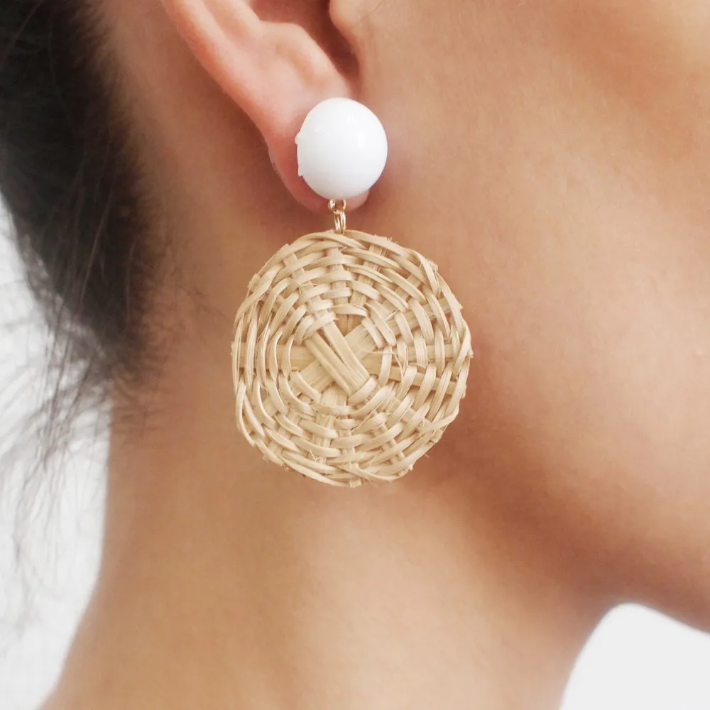 Big Fan Straw Rattan Drop Earrings Women Handmade Hanging Statement ...