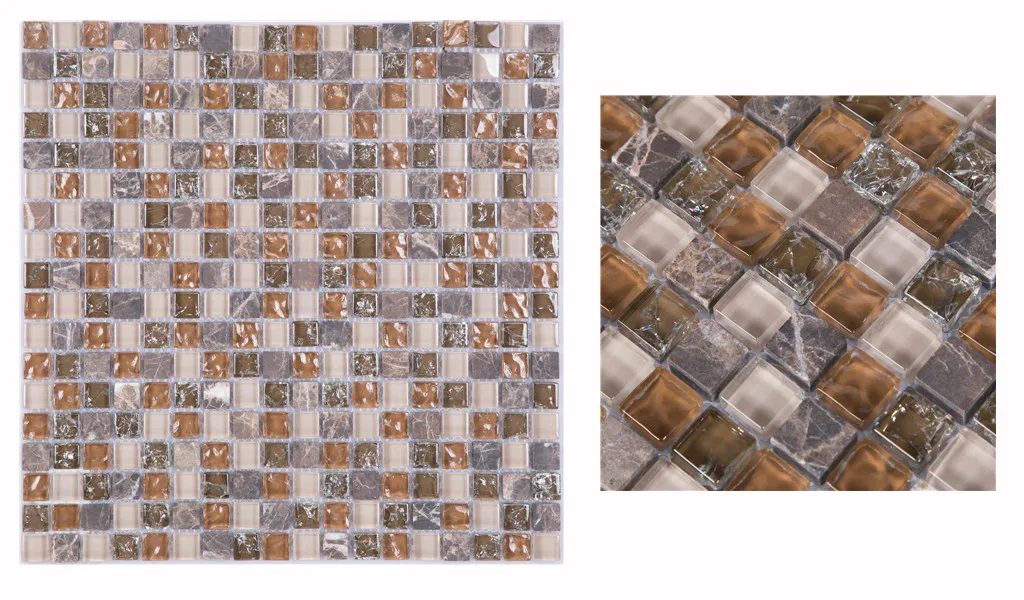China Foshan texture mix color crystal glass coffee stone mosaic tile for wall decoration