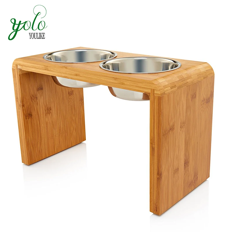 Bamboo Double Bowl Raised Stand Dog And Cat Pet Feeder Buy Pet