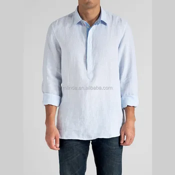 Desain Baju Terbaru Untuk Pria Linen Katun Popover Slip Pada Lengan Panjang Kemeja Dengan Tombol Manset Stipe Biru Grosir Buy Desain Baju Terbaru