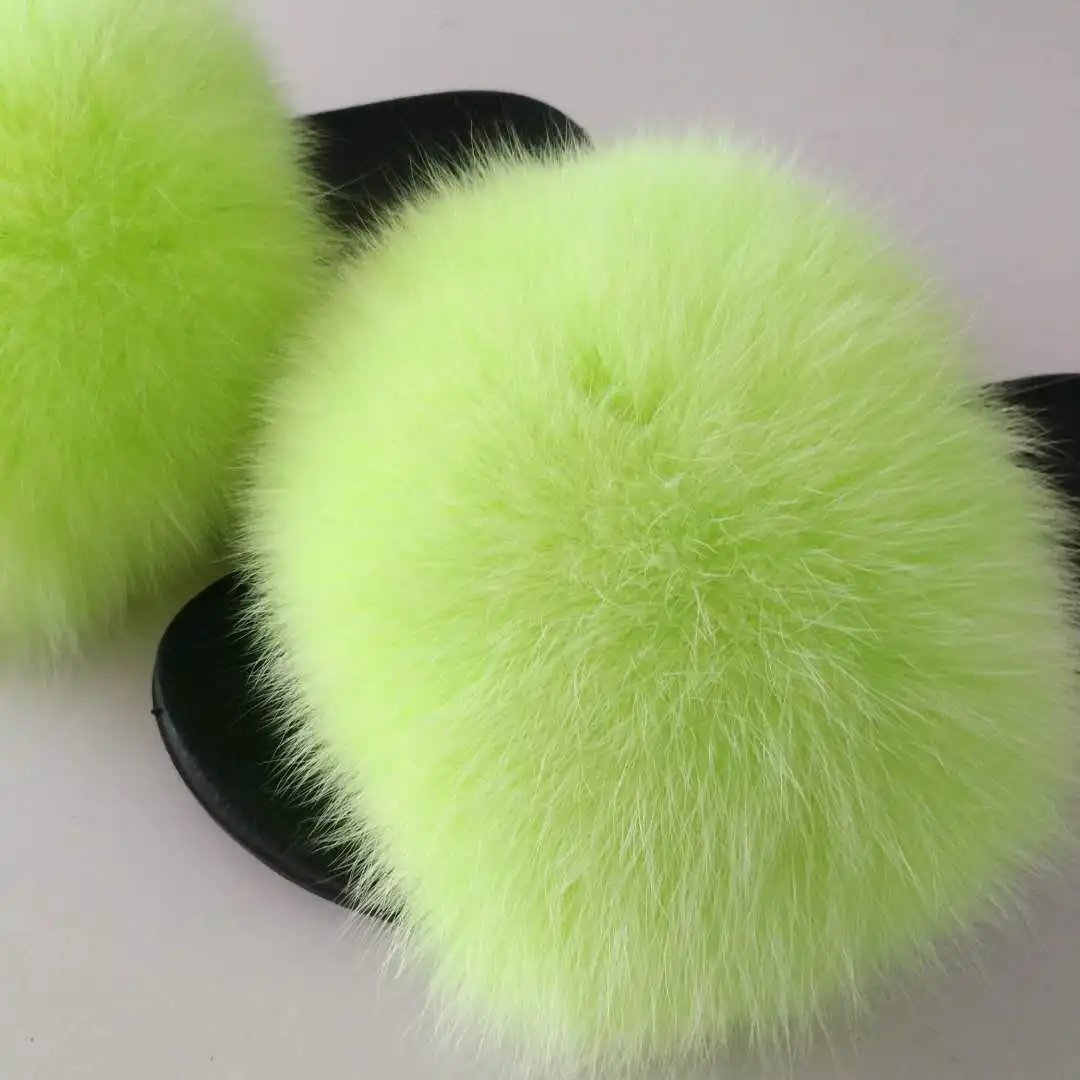 Cheap Green Fur Slippers Real Fox Fur Fluffy Slides For Women And Fox ...